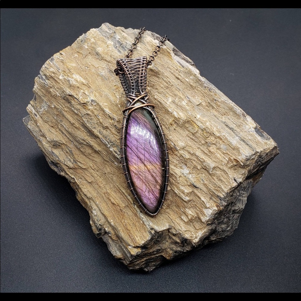 Large Labradorite pendant necklace antique copper